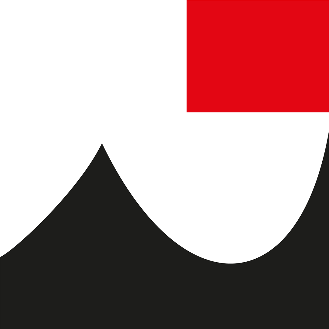 A minimalist abstract graphic featuring a solid red square in the top-right corner and a large black curved shape forming the rest of the composition on a white background.