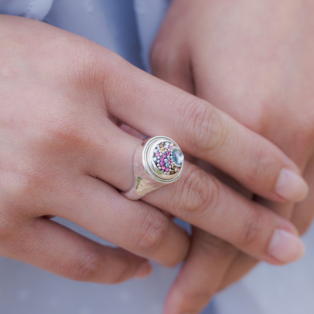 Hammered silver rings with interchangeable stones and crystals