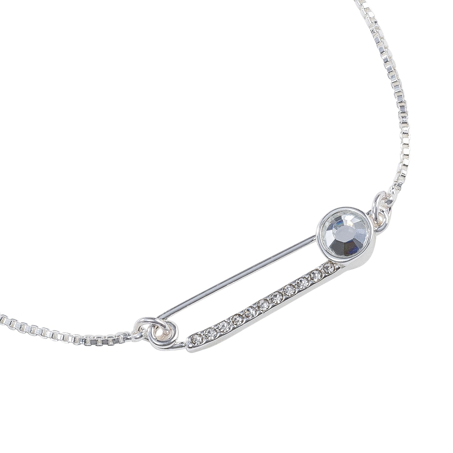 Close up of silver and crystal slider bracelet