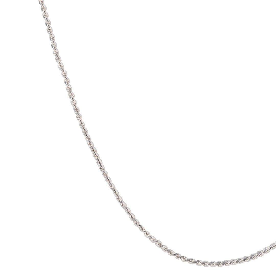 Close up of silver rope chain necklace