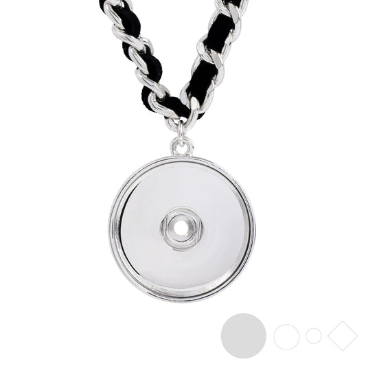 Silver link & black leather necklace for interchangeable snap jewelry