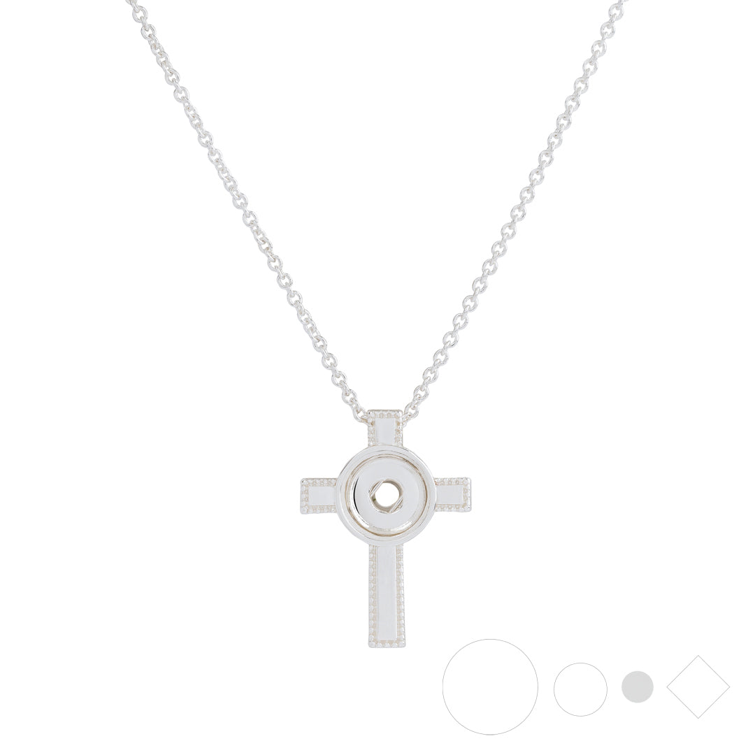 Silver cross pendant necklace with interchangeable snap center
