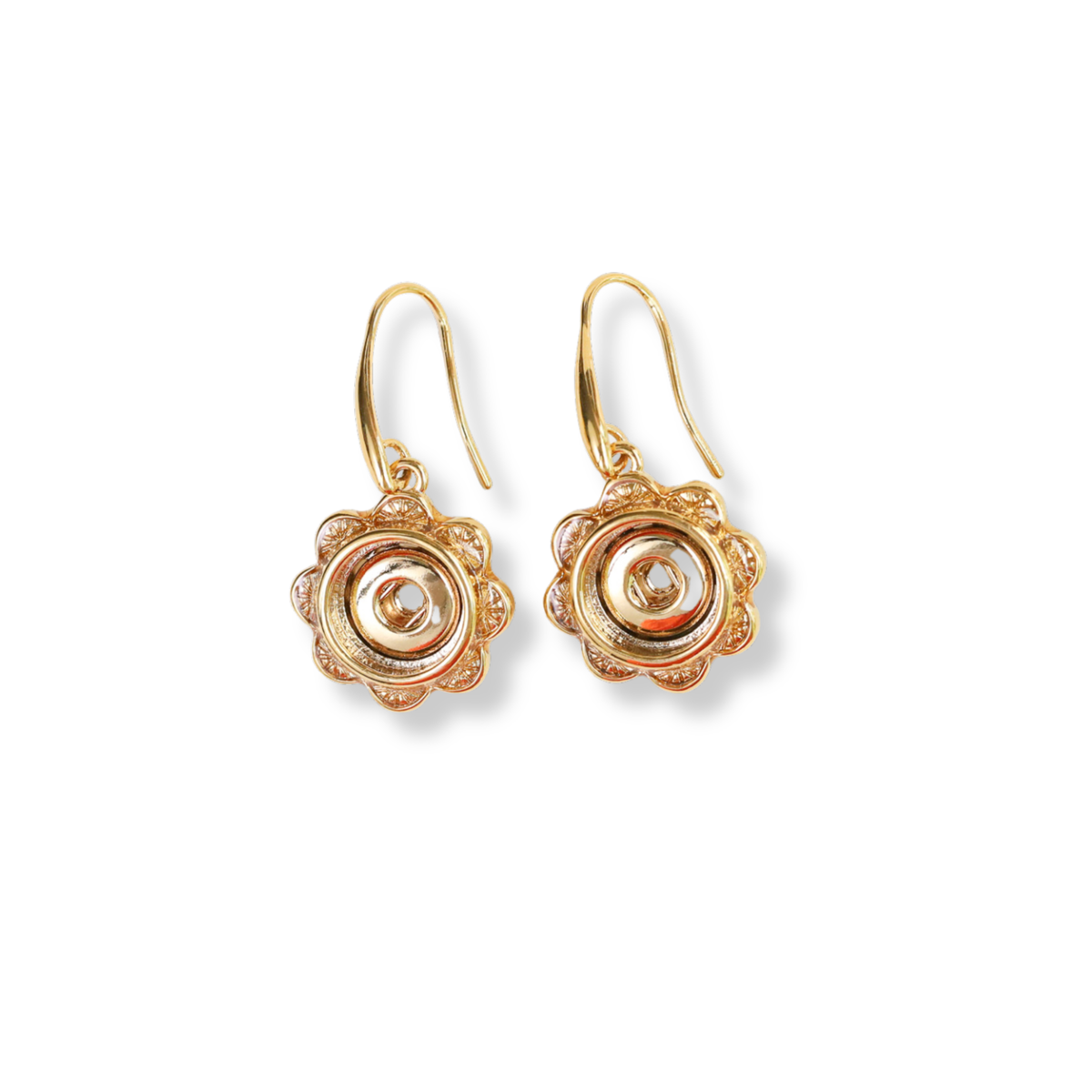 A pair of gold-tone flower drop earrings with a textured spiral center and scalloped petals, shown on a clean white background.