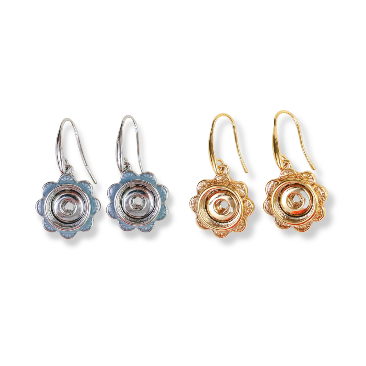 Two pairs of flower-shaped drop earrings on a white background: two silver-toned with light blue enamel accents and one gold-toned with rose gold enamel accents.