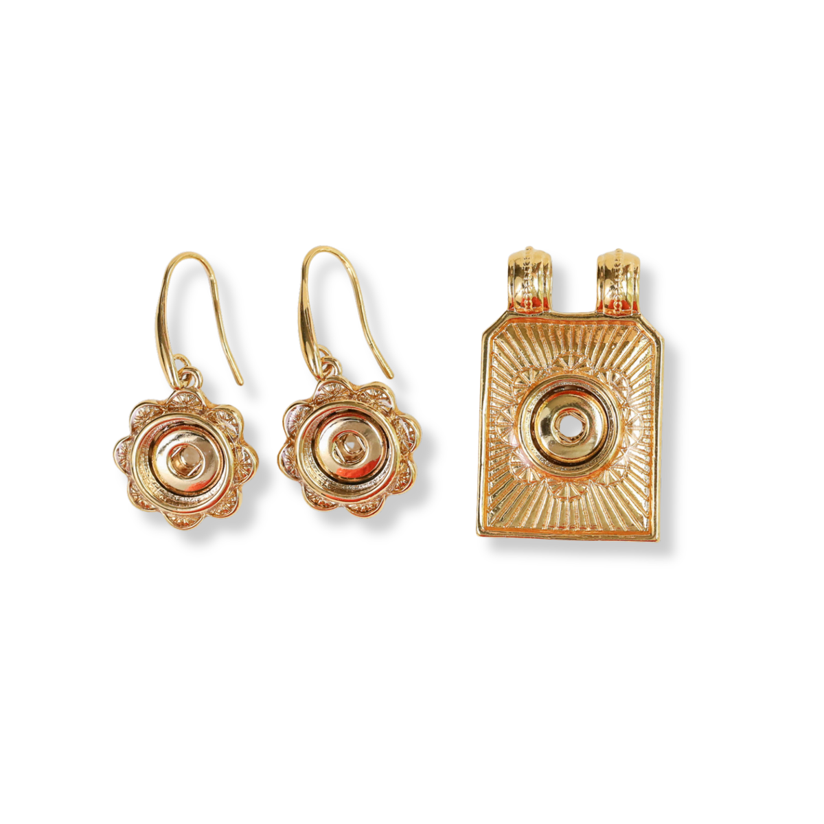 A gold-toned jewelry set featuring a rectangular pendant with a sunburst pattern and two matching flower-shaped drop earrings, displayed on a clean white background. Can fit a dotlet size dot inside both the pendant and the drop earrings. 