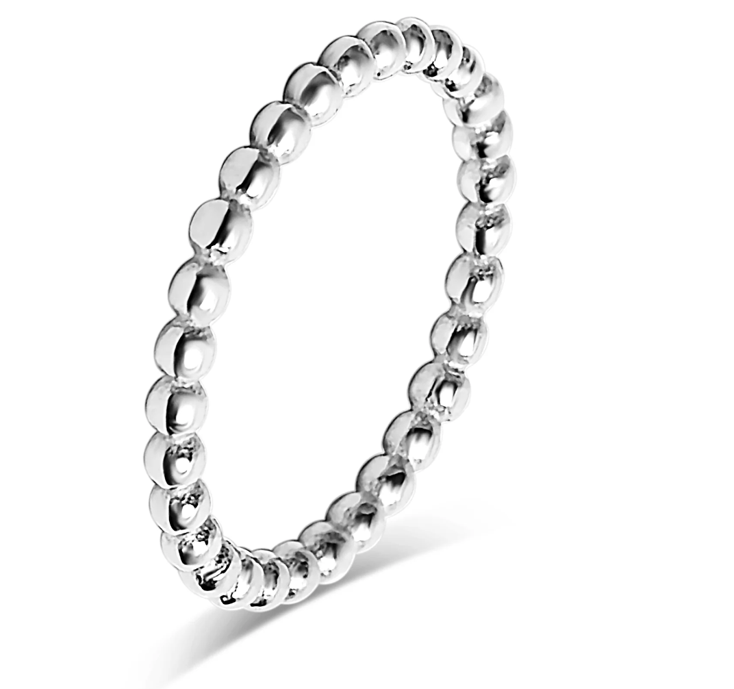 A polished silver beaded ring with a continuous series of small, rounded metallic beads, shown on a clean white background. Launched October 2026