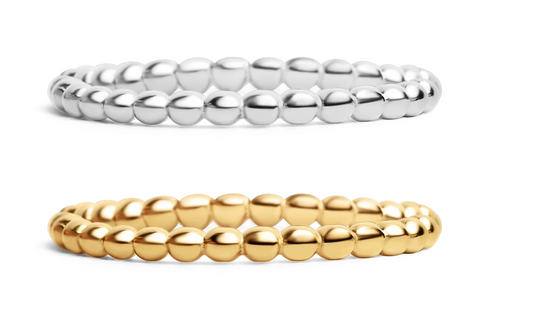 Two beaded rings, one in silver and one in yellow gold, displayed side by side on a clean white background. Perfect for stacking or adding to an existing ring set. 