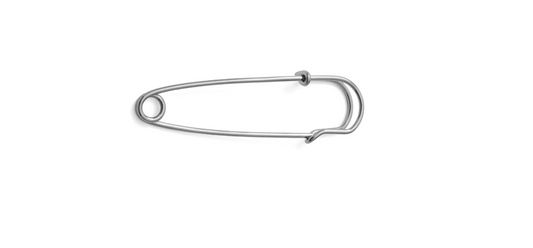 A single metallic safety pin in a polished silver finish, centered horizontally against a solid white background.