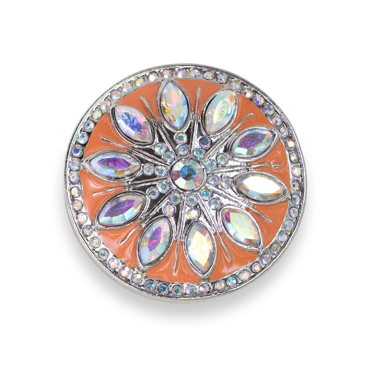 A round silver-tone button with a vibrant orange enamel background and a detailed pretty floral pattern of iridescent rhinestones, set against a plain white background.