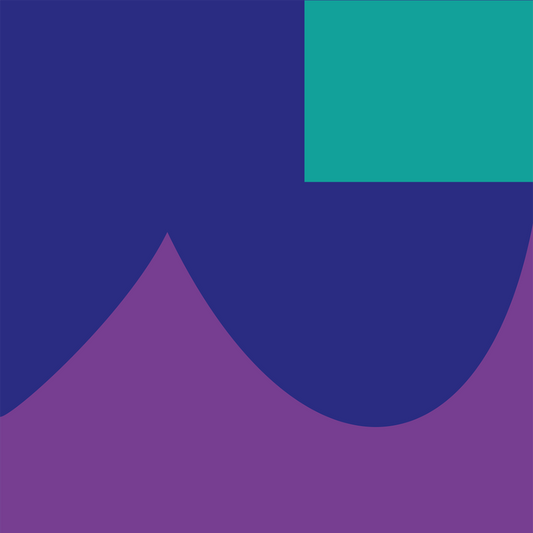 Abstract graphic design with a large navy blue curved shape over a purple background, plus a teal square in the upper right.