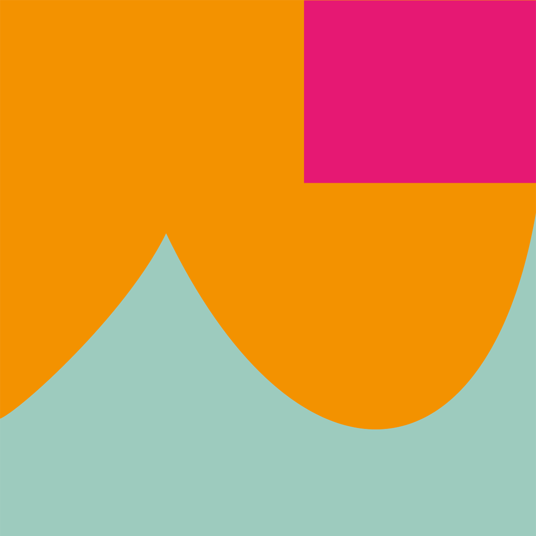 A minimalist graphic design featuring a large orange shape on the left and top, a magenta pink shape on the top right, and a light aqua shape on the bottom and left edge.