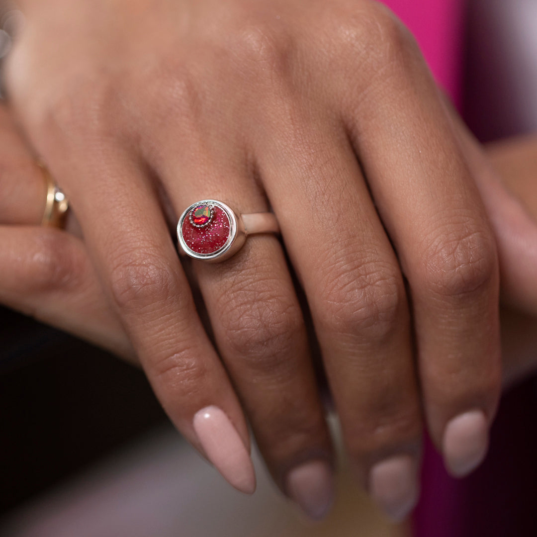 Red cocktail ring with interchangeable stones