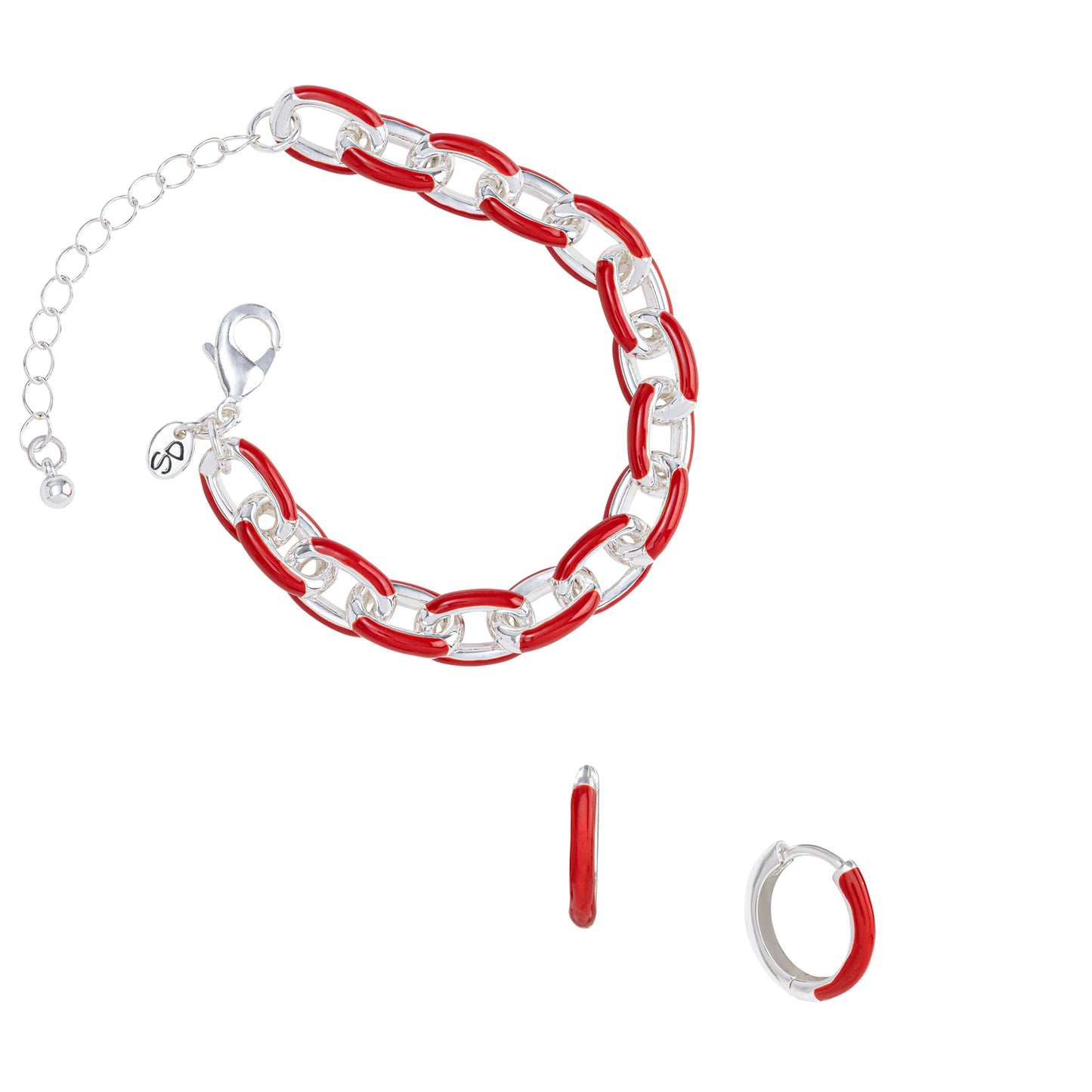Red Enamel Link Bracelet/Hoop Set