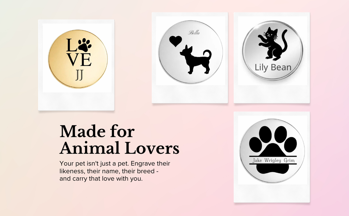 Engraved Dots with a paw print, a dog and a cat