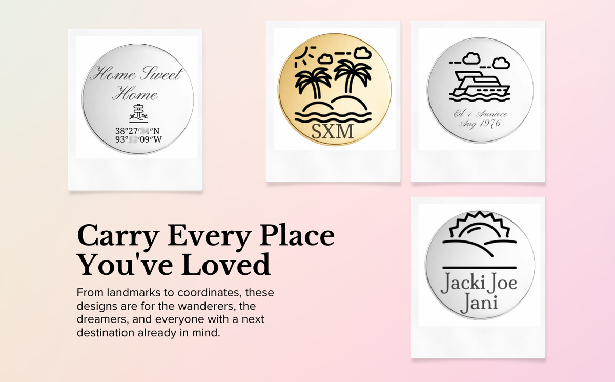 Engraved Dots with coordinates, palm trees and a sailboat
