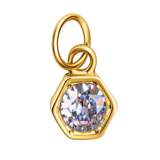 A gold hexagonal charm pendant featuring a large, round, iridescent clear gemstone in a prong setting, shown on a plain white background.