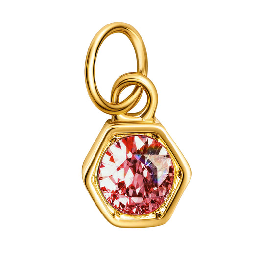 A gold hexagonal pendant charm featuring a large, faceted red gemstone in a prong setting, suspended from a double-loop bail, shown on a solid white background.