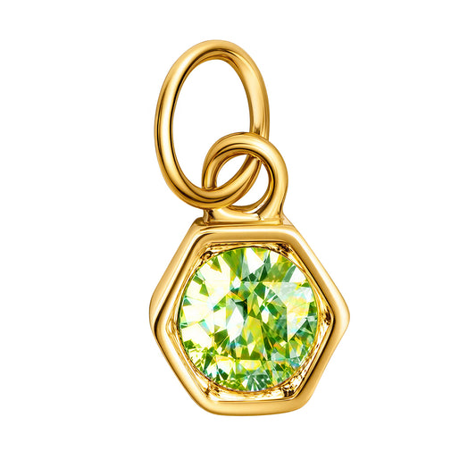 A gold hexagonal pendant charm featuring a faceted green gemstone, isolated on a solid white background.
