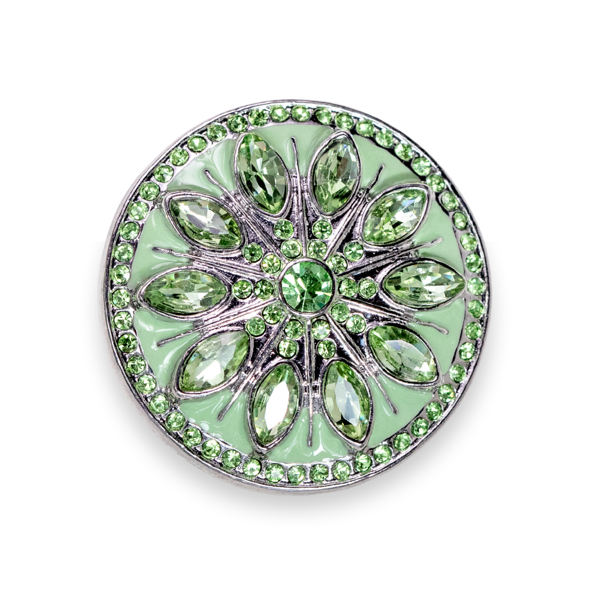 A round silver-tone dot featuring a light green enamel background and a detailed floral mandala design set with green marquise and round crystals.