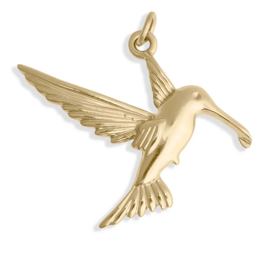 A polished yellow gold hummingbird pendant with wings spread, shown on a clean white background.