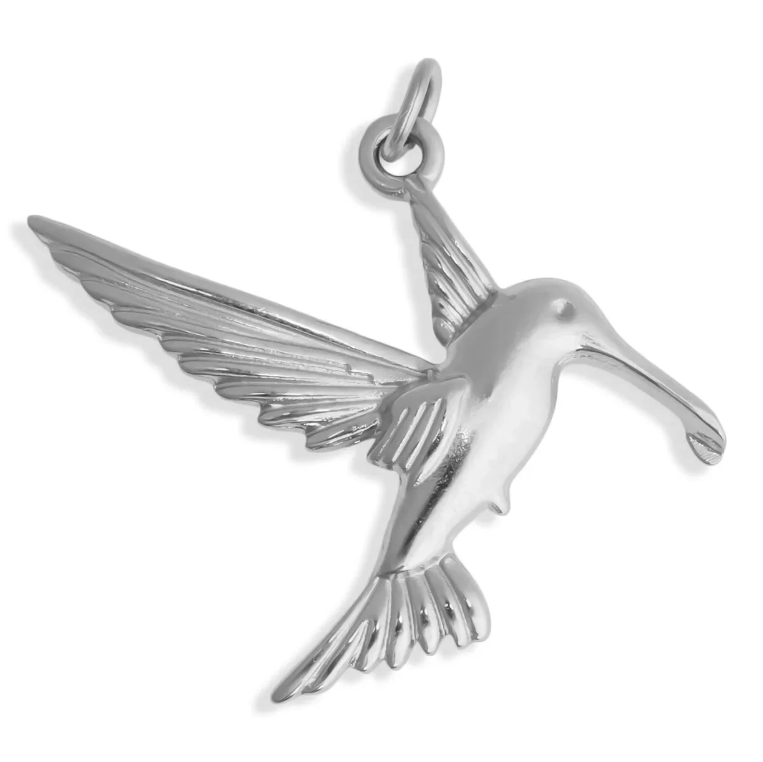 A polished silver hummingbird pendant with wings spread, shown on a clean white background.