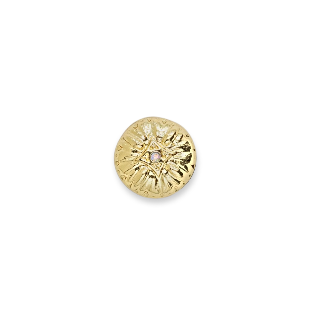 A single round gold button with a textured, sunburst-like embossed pattern and a small central pearl, shown on a plain white background.