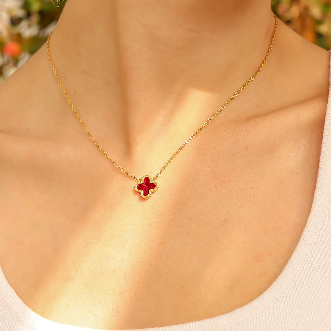 Red Quatrefoil Necklace Gold