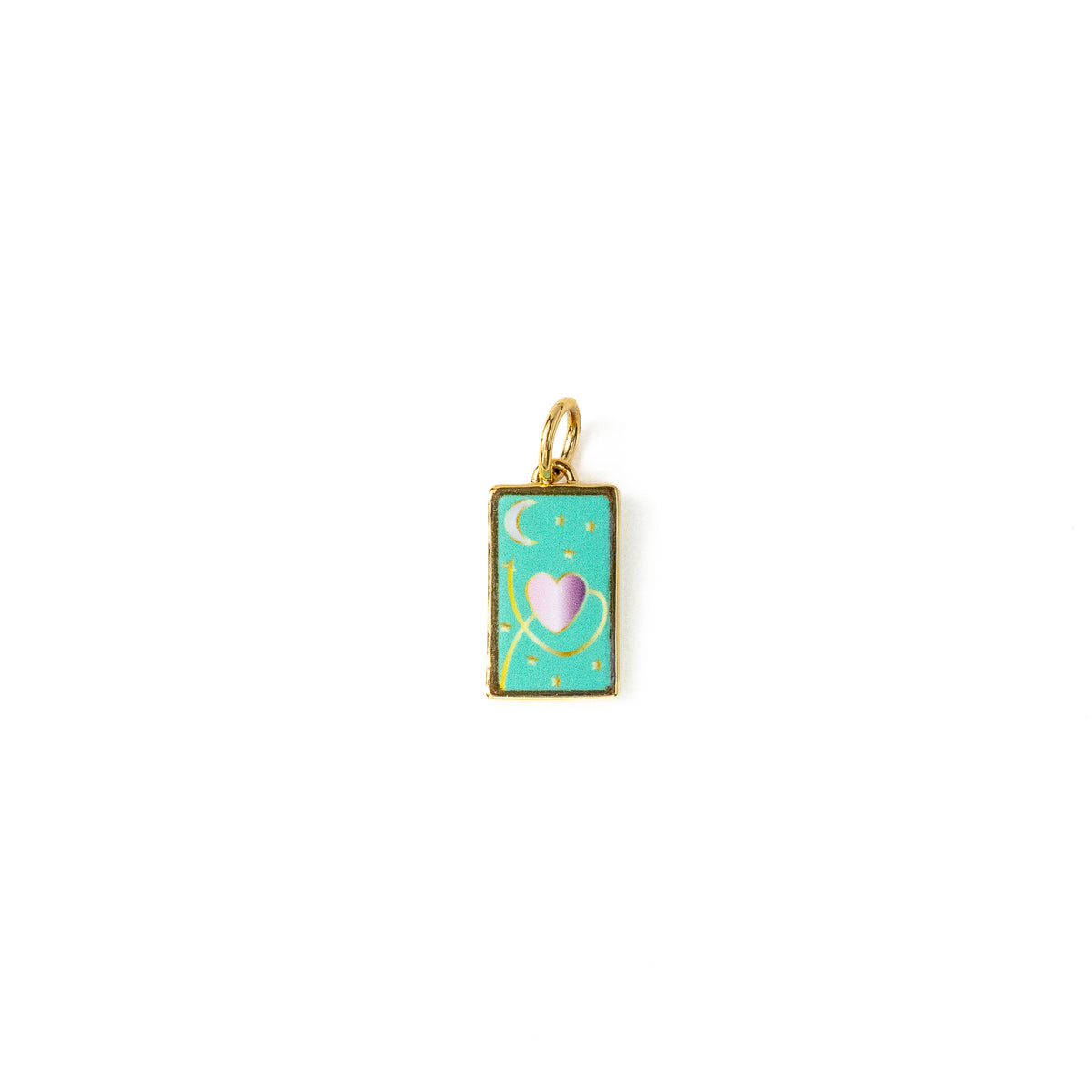 A small rectangular gold charm pendant featuring a turquoise background with a pink heart, a white heart, a crescent moon, and small yellow star accents, shown on a plain white background.