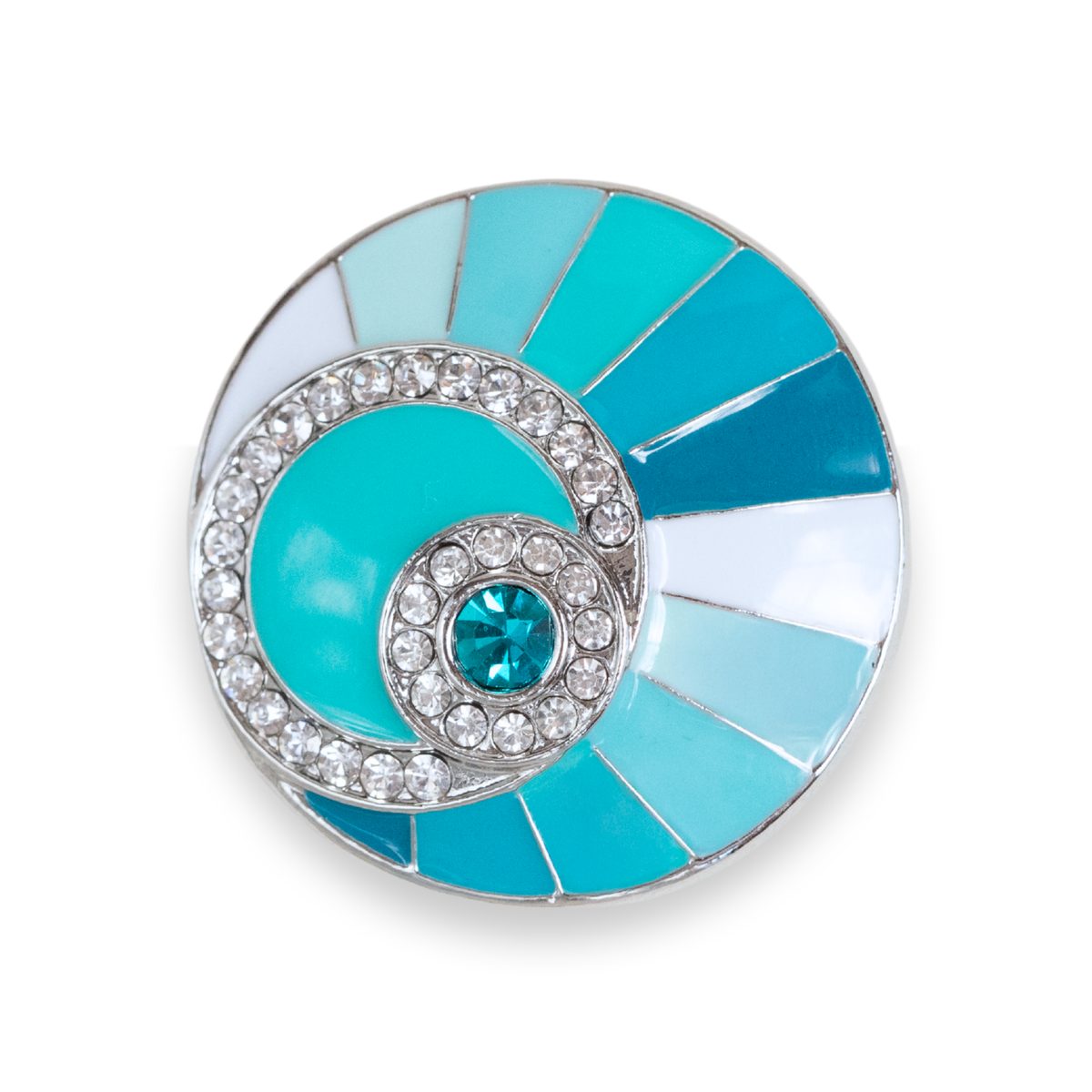 A single round silver-toned dot featuring a turquoise blue fan-shaped enamel inlay, a central round turquoise stone, and a border of clear rhinestones, shown on a plain white background.