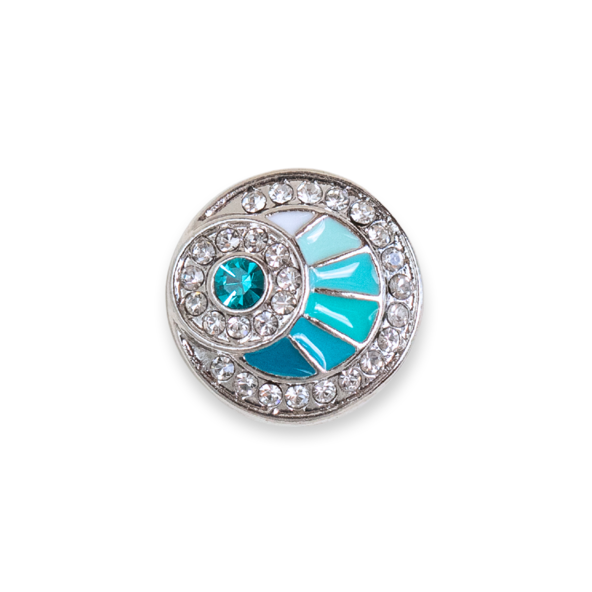 A single round silver-toned dot featuring a turquoise blue fan-shaped enamel inlay, a central round turquoise stone, and a border of clear rhinestones, shown on a plain white background.