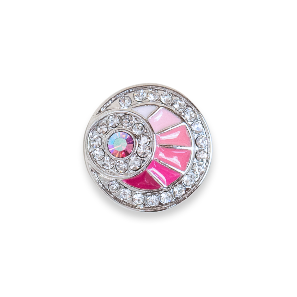 This size is the Original size released in September/ October 2026. A single round silver-toned dot featuring a pink fan-shaped enamel inlay, a central round iridescent pink stone, and a border of clear rhinestones, shown on a plain white background. 