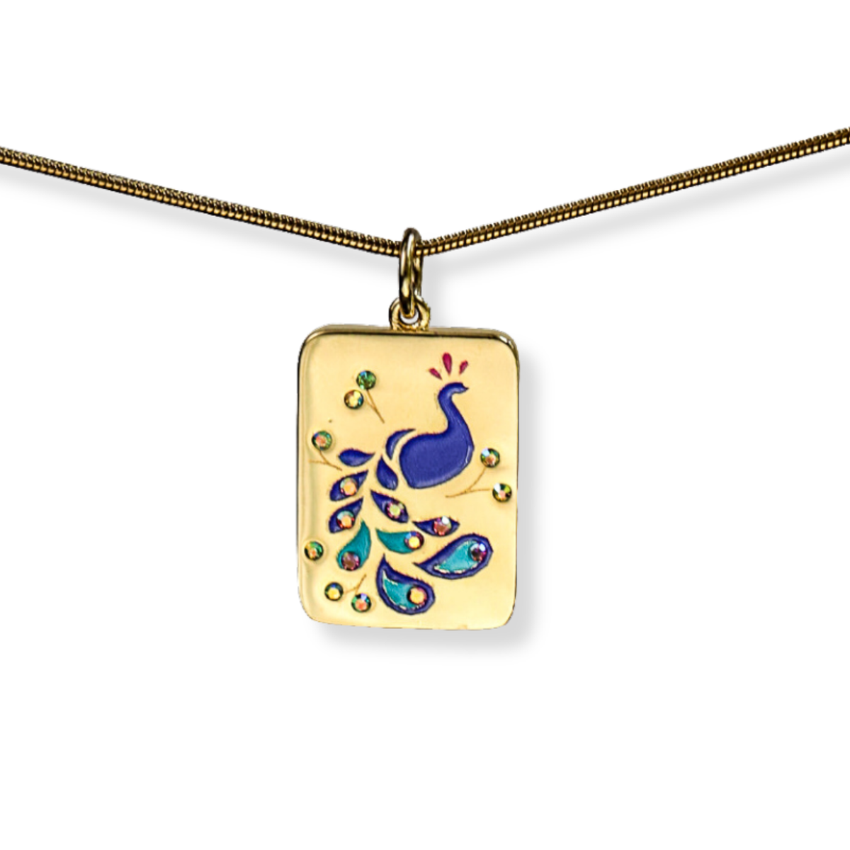A gold rectangular pendant necklace featuring a blue peacock design with colorful jewel accents, suspended from a gold chain against a white background.