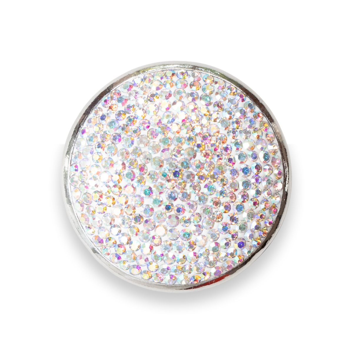 A circular jewelry insert, with multiple luminous iridescent stones and a pearlescent sunburst enamel for the background, this interchangeable Dot catches the light beautifully from every angle. 