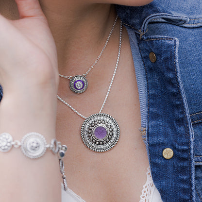 Layering necklaces with purple dainty jewelry