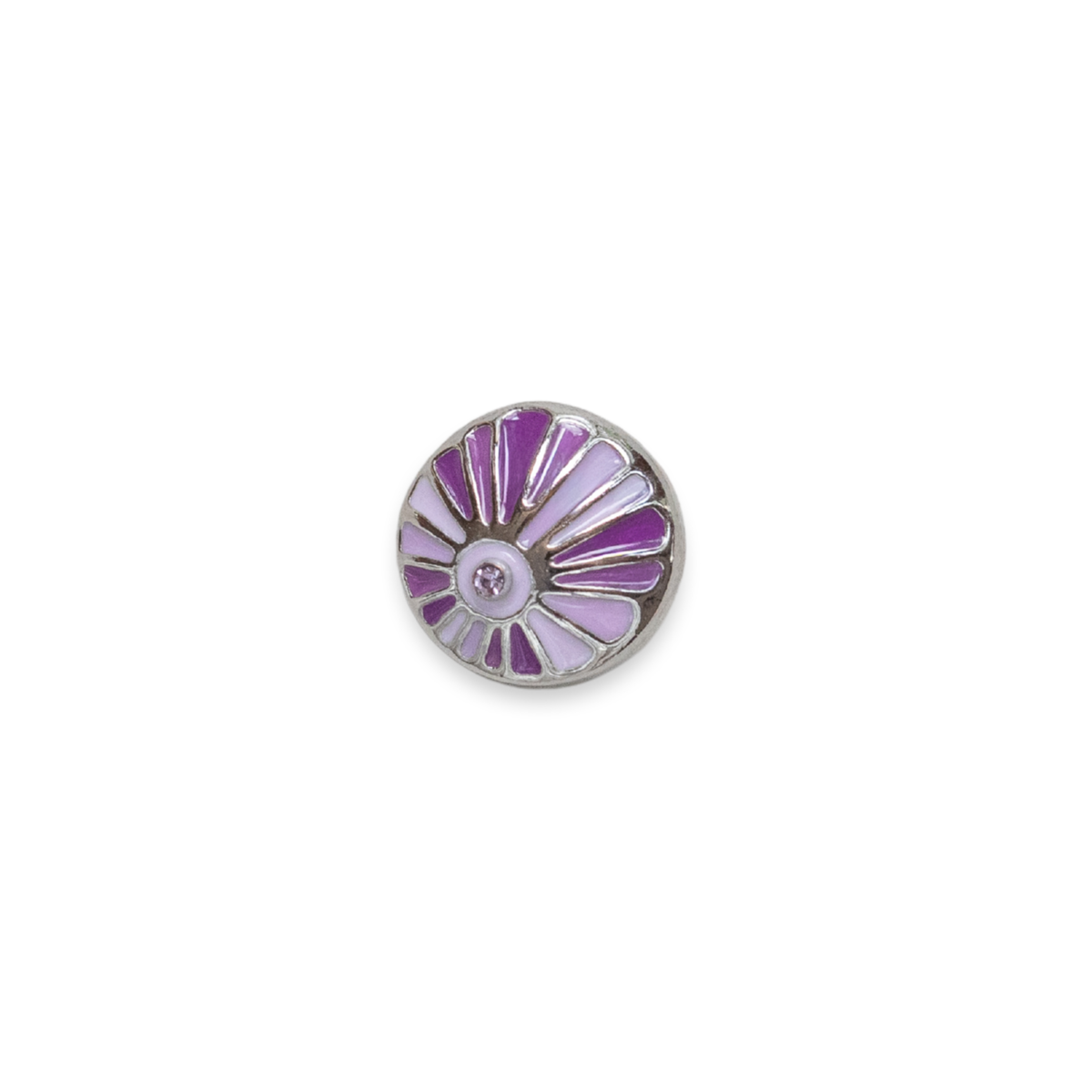 A round silver-tone Dot the size of a button, featuring an sunburst/ fan design with purple and lavender and a small central clear rhinestone, shown on a plain white background.