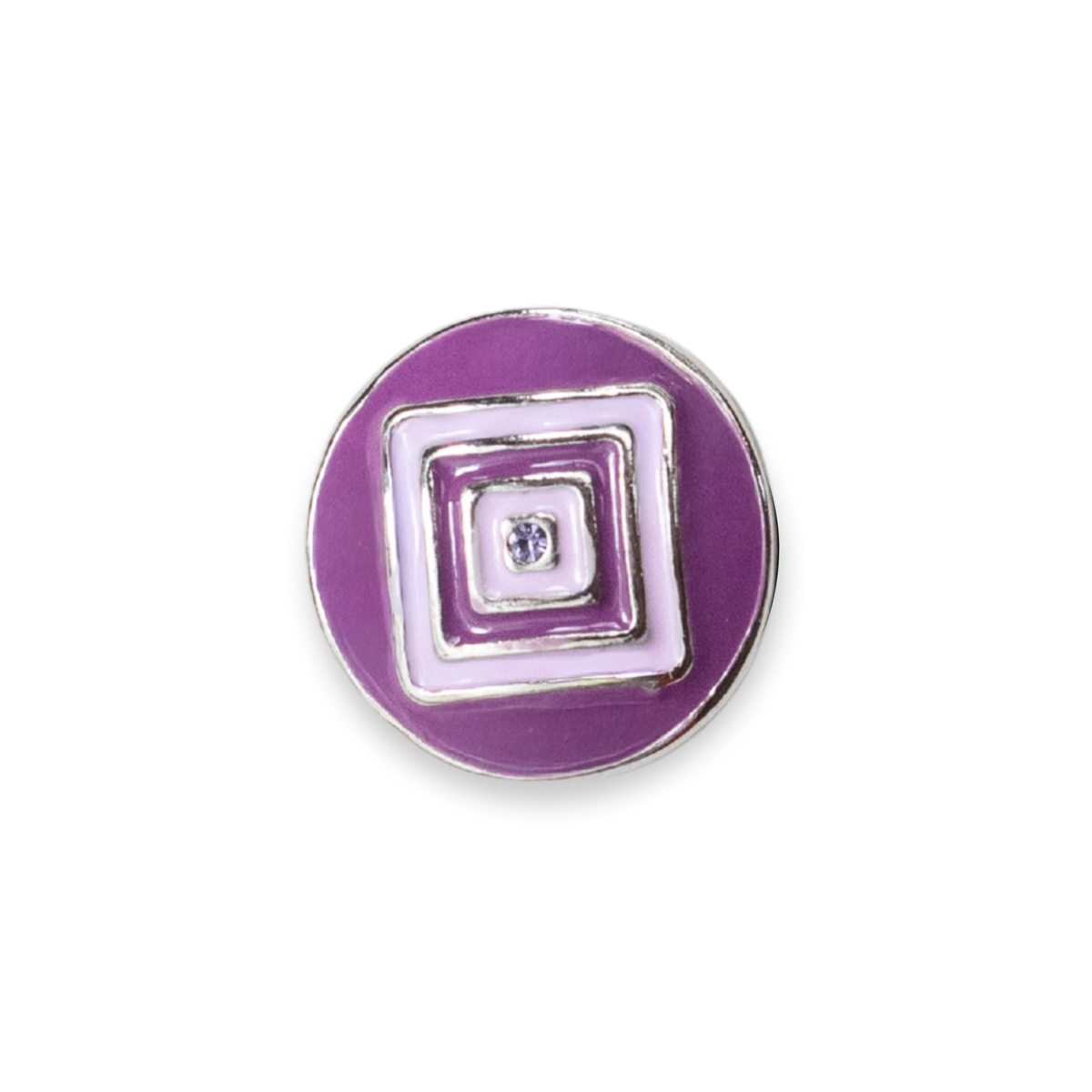 A round purple enamel button with concentric square and rectangular geometric patterns in the middle of the button, outlined in silver-tone metal, featuring two small clear rhinestones at the center, shown on a white background.