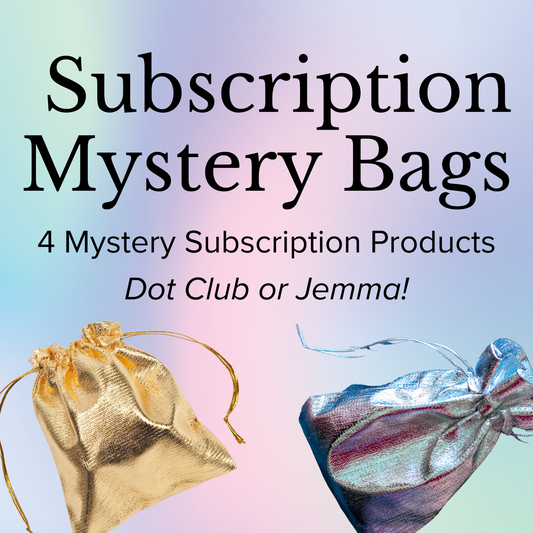 Promotional graphic for a 'Subscription Mystery Bag' featuring two drawstring pouches, one metallic gold and one iridescent blue/purple, on a pastel gradient background with text reading '4 Mystery Subscription Products Dot Club or Jemma!'.