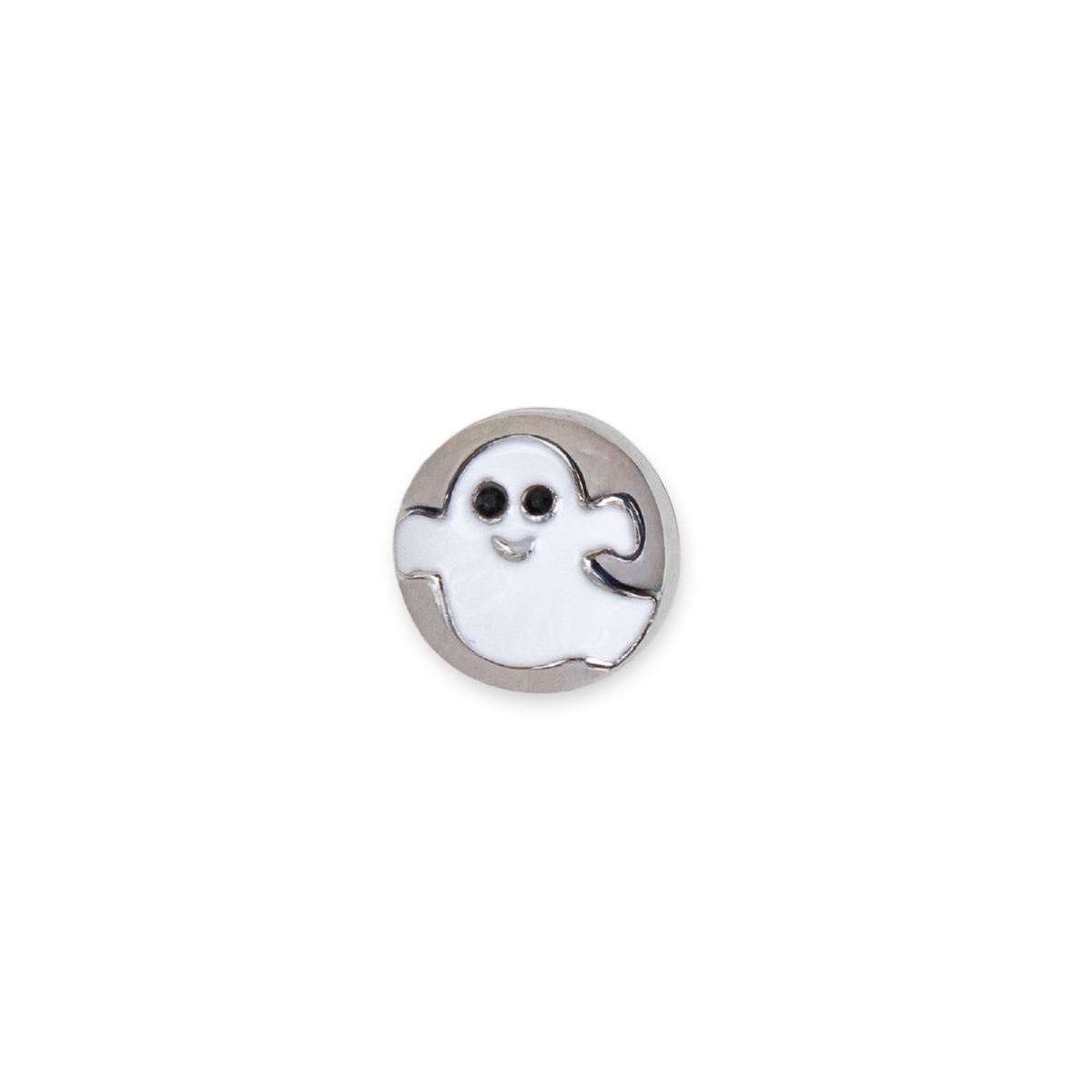 A small round silver charm featuring a cute white ghost with black eyes and a smile, set against a plain white background. Release is for Halloween 2026.