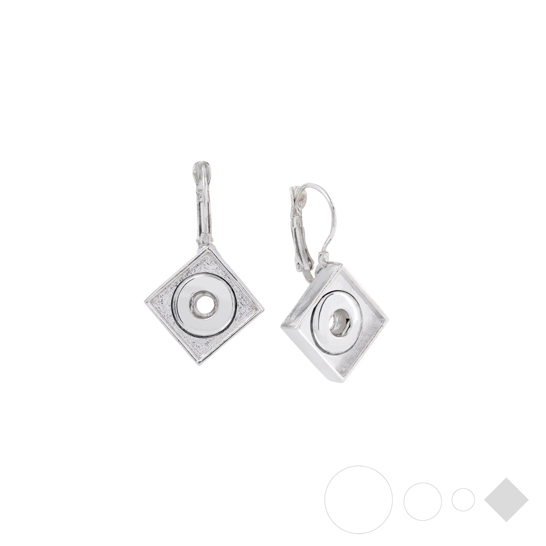 Square silver pendant earrings with snap jewelry center